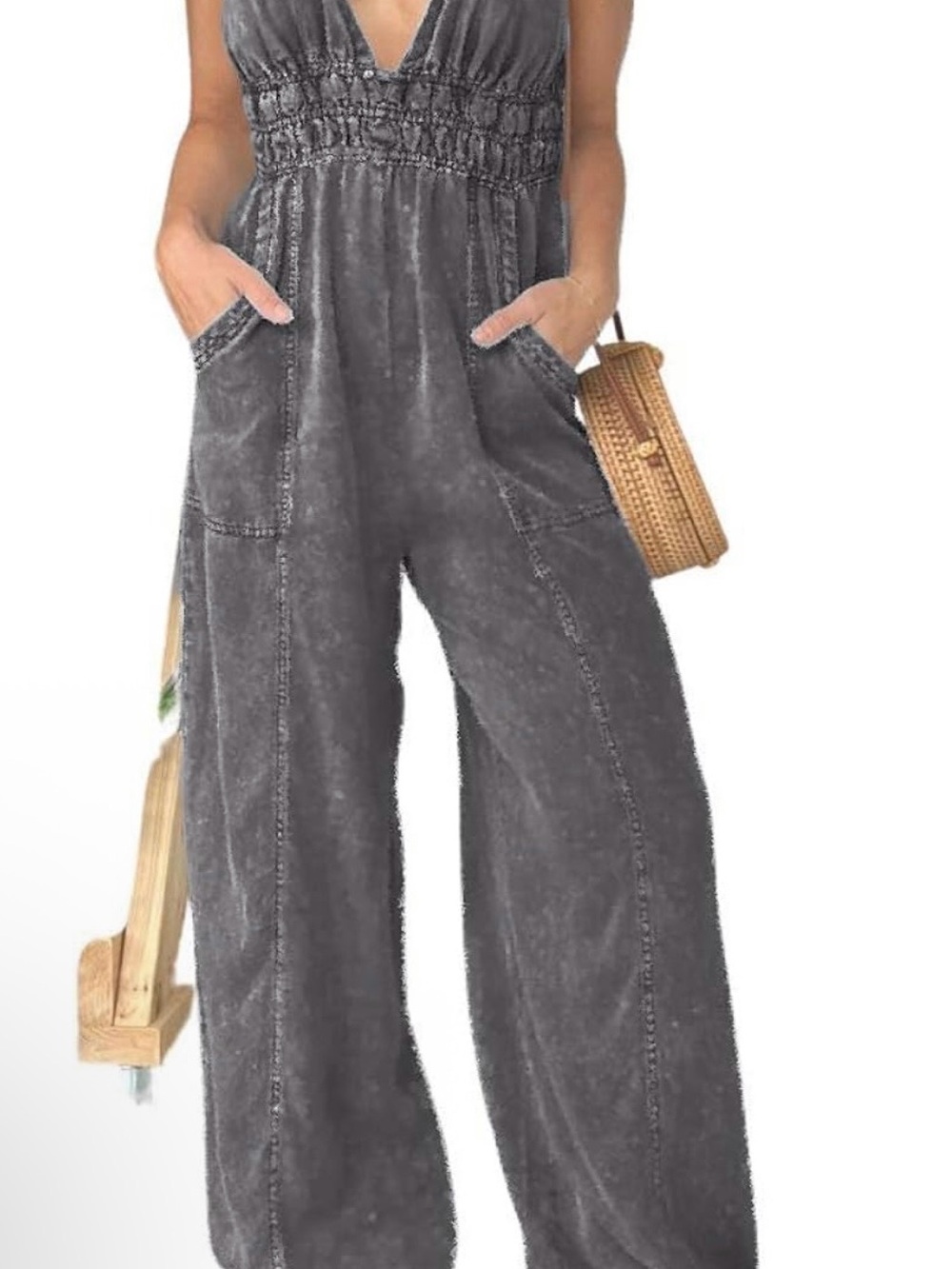 Sleeveless V-Neck Wide-Leg Jumpsuit in Charcoal Gray